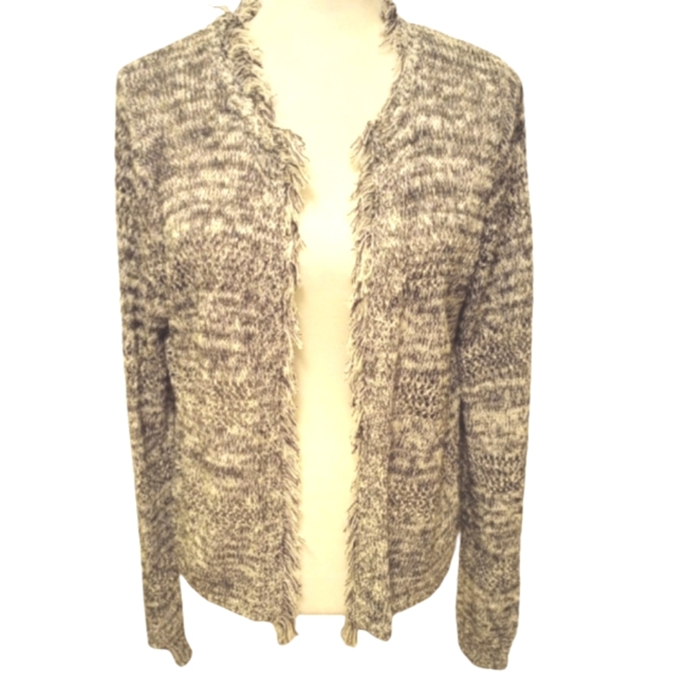 New Directions Tweed style fringed gray open cardigan. Petite Large